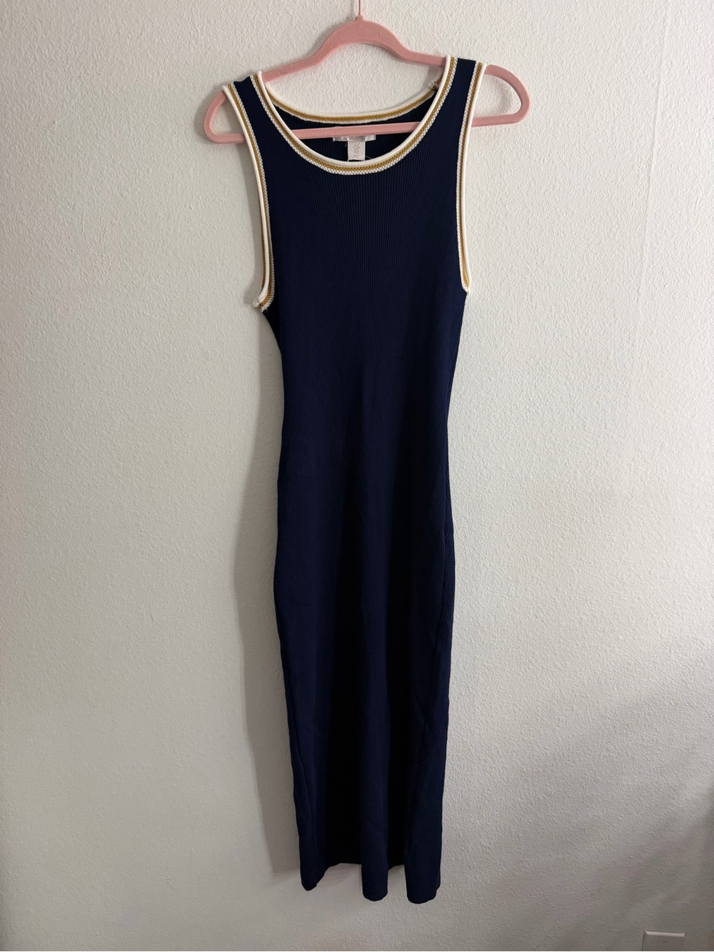 Caroline Constas Navy Ribbed Knit Midi Dress with White Accents Size Medium NWT